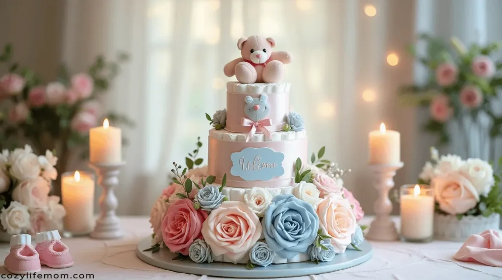 Baby shower centerpiece with cake, flowers, and candles.