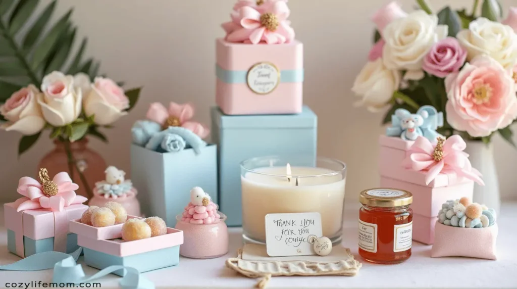 Baby shower favor display with candles, treats, and decorated boxes.