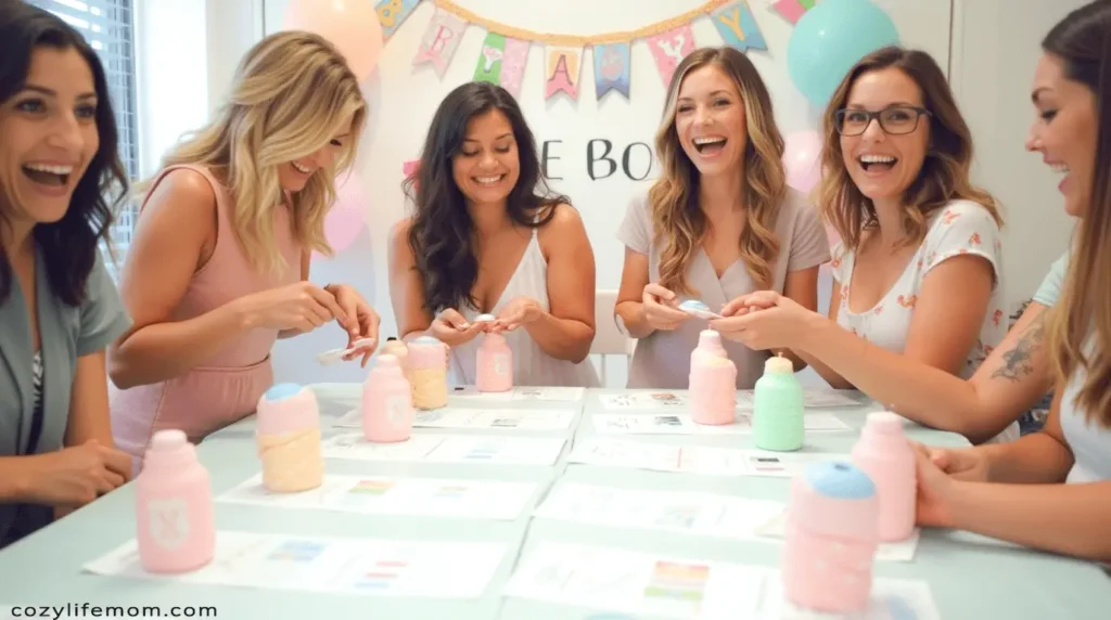 A group of women laughing and enjoying a baby shower game, decorating baby bottles with pastel-colored designs. The table is set with game sheets and cute decorations, creating a fun and festive atmosphere.