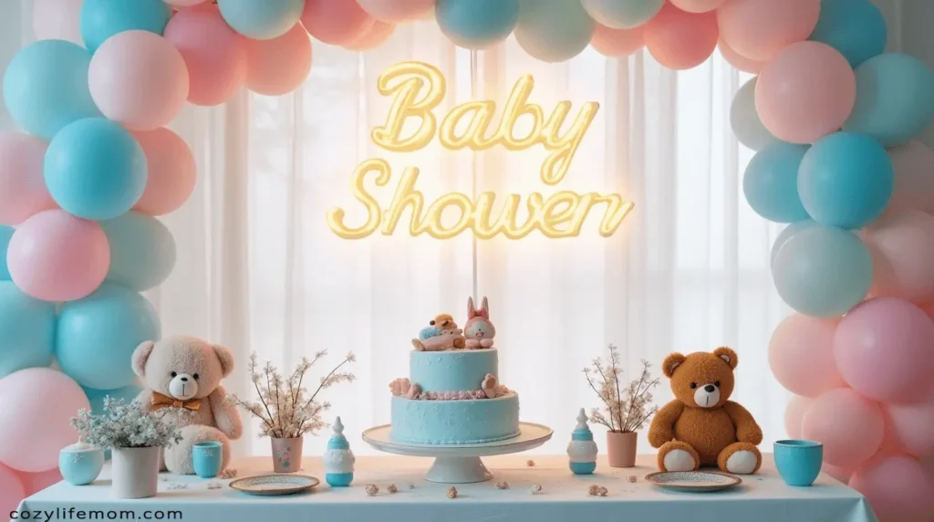 Baby shower decoration with balloons, cake, and teddy bears