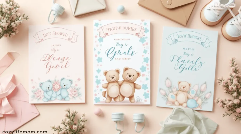 Baby shower invitation cards with teddy bears and decorations