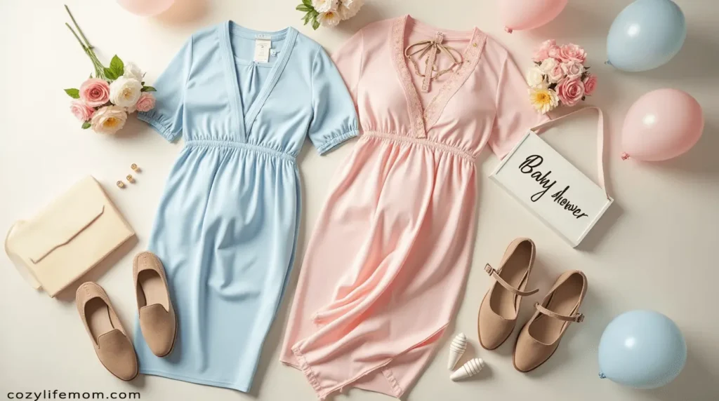 Light blue and pink dresses with matching shoes, surrounded by balloons, flowers, a purse, and a "Baby Shower" sign