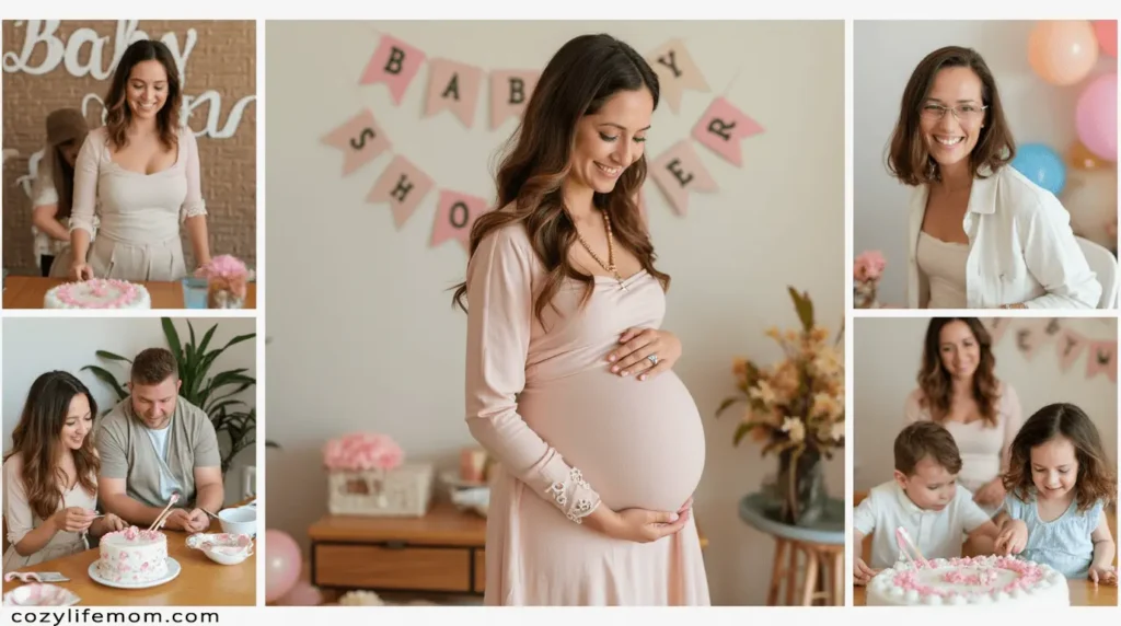 A collage of baby shower pictures featuring a pregnant woman in a pink dress, a decorated cake, family and friends celebrating, and a warm, cozy atmosphere.