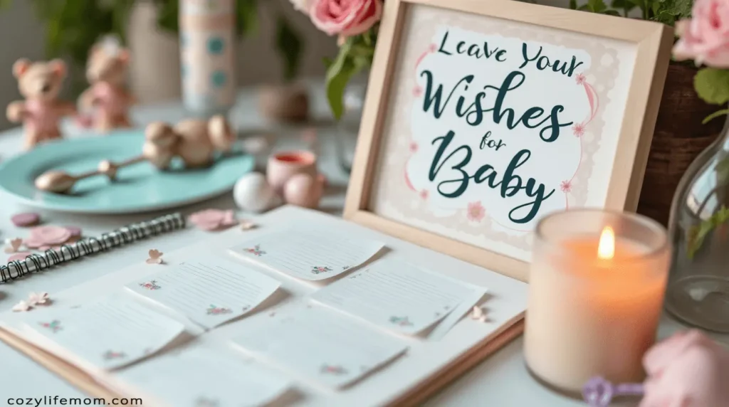 Baby shower wishes station with framed sign, cards, and decorations.