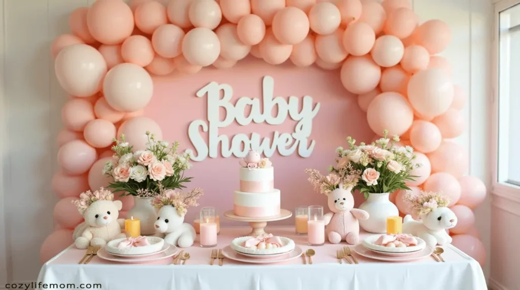 Baby shower decorations with balloons, flowers, and teddy bears.