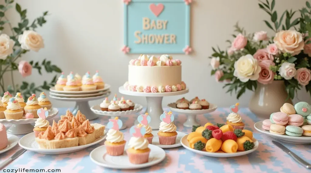 Baby shower food table with cake, cupcakes, and treats.