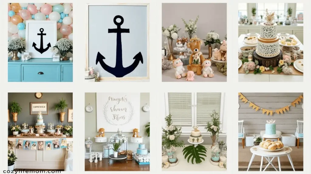 Collage of baby shower themes with various decorations and settings.