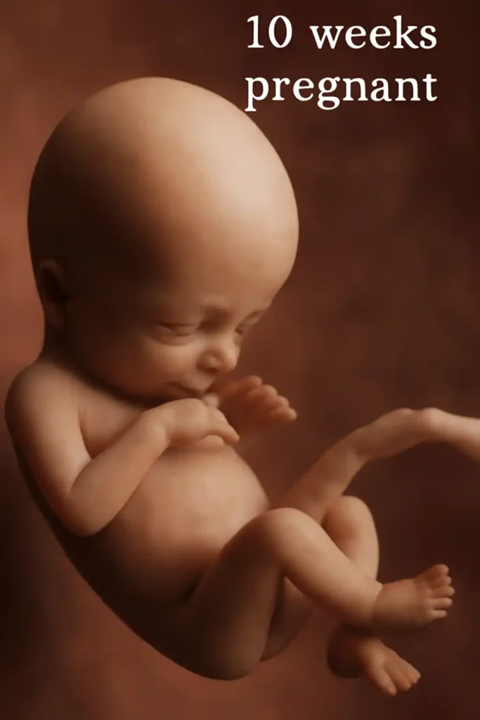 3D image of a 10-week-old fetus in the womb, showing distinct features like a large head, curled limbs, and developing digits.