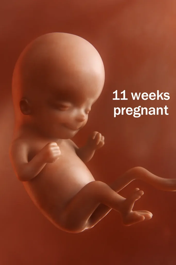 A detailed illustration of a human fetus at 11 weeks, showing the developing facial features, limbs, and umbilical cord, set against a warm, reddish background.