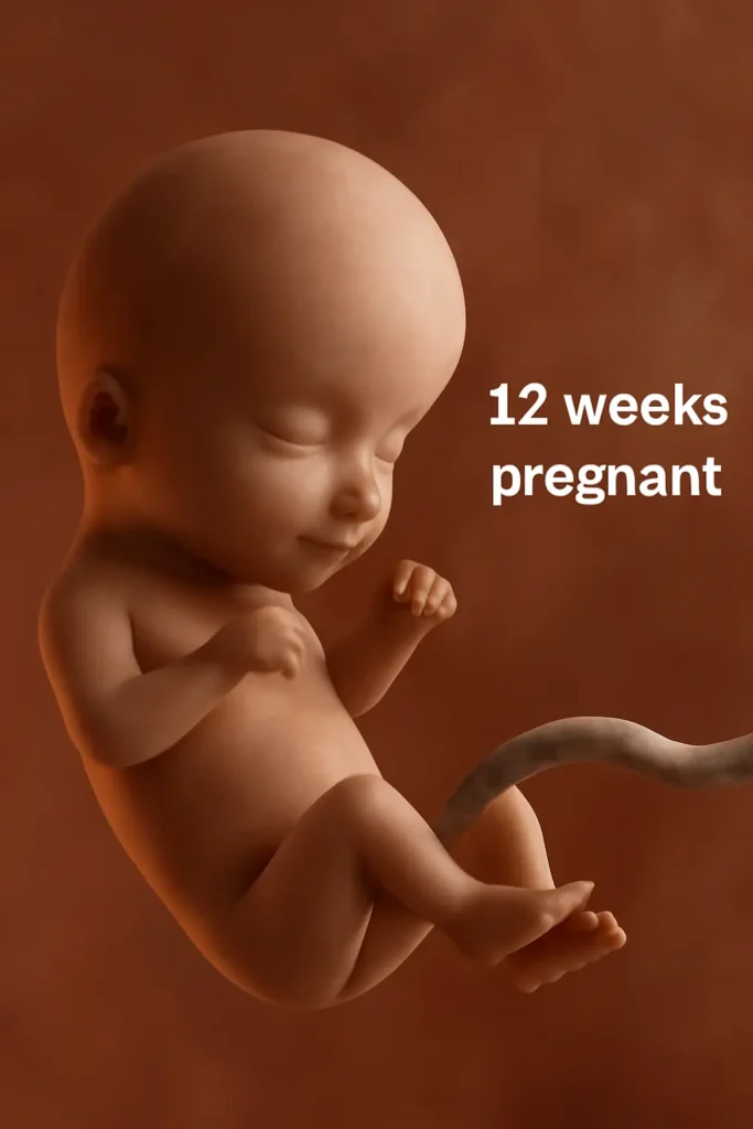 A highly realistic digital illustration of a 12-week-old fetus in the womb, showcasing distinct facial features, limbs, and the umbilical cord. The fetus is suspended against a warm reddish background.