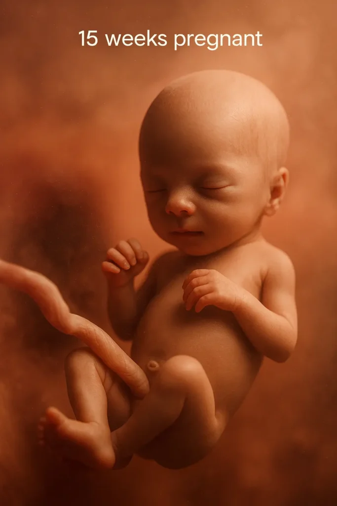 Realistic 3D rendering of a 15-week fetus floating in a warm amniotic environment with a visible umbilical cord; “15 weeks pregnant” text at the top.