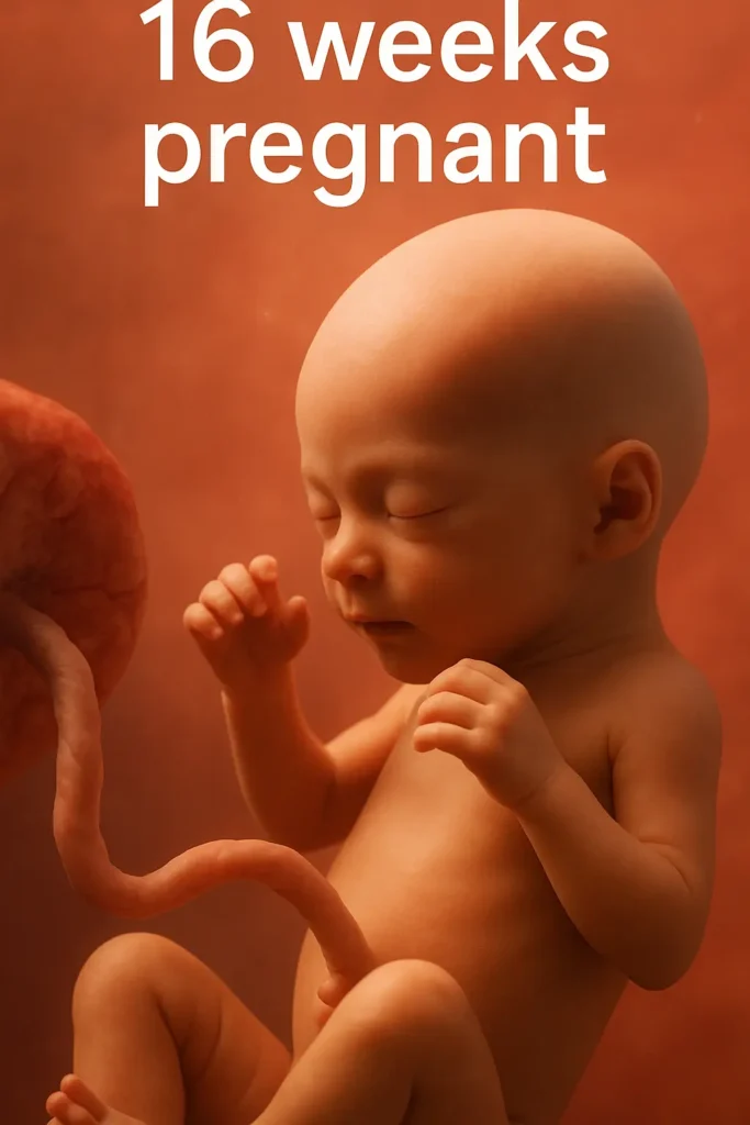 Close-up, photorealistic view of a 16-week fetus in profile with closed eyes and curled hands, floating in a warm reddish amniotic environment; the umbilical cord arcs toward the placenta on the left; large text reads “16 weeks pregnant.”