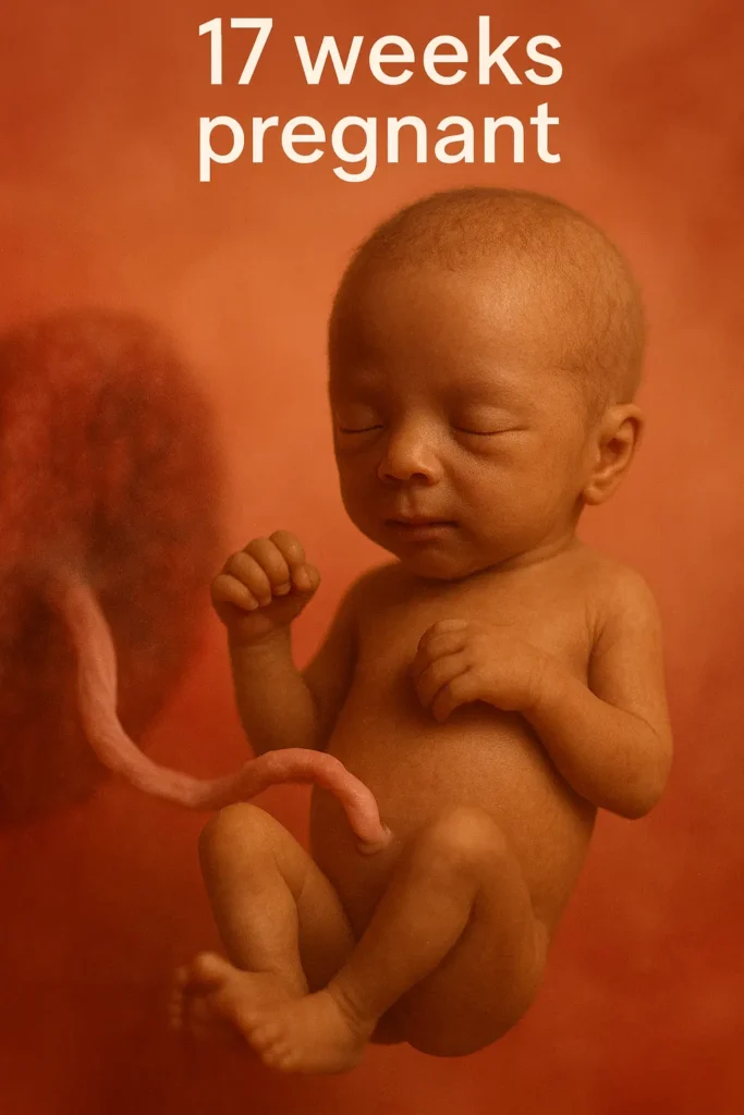 Photorealistic view of a 17-week fetus floating in a warm reddish amniotic environment, eyes closed with relaxed hands and bent legs; umbilical cord curves toward a blurred placenta on the left; large text at top reads “17 weeks pregnant.”