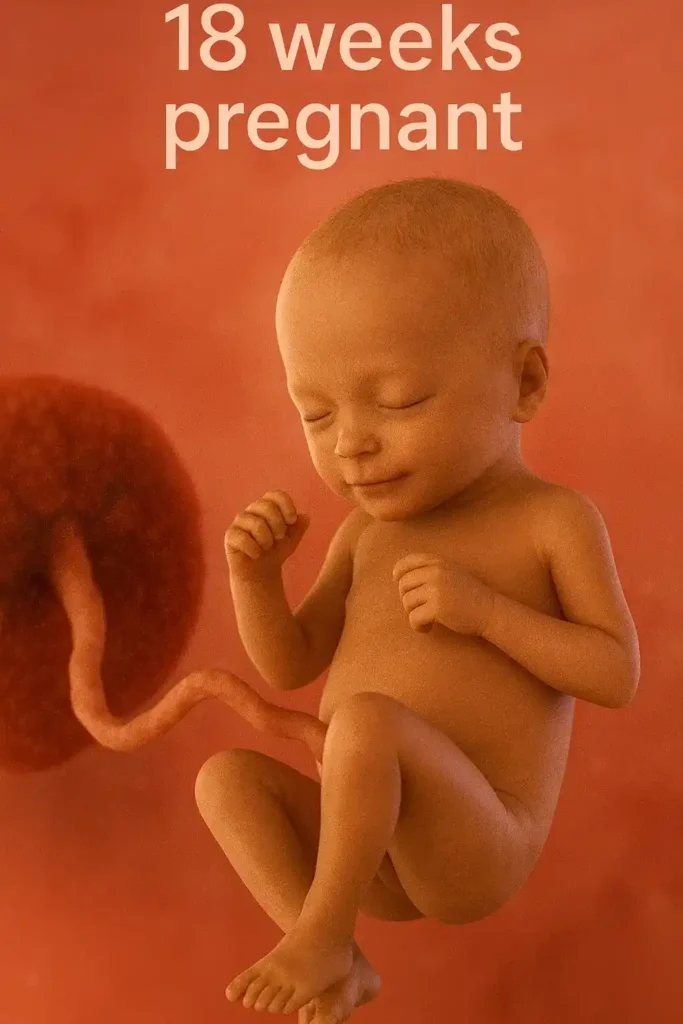 Photorealistic 18-week fetus floating in a warm reddish amniotic environment, eyes closed with curled hands and bent legs; the umbilical cord arcs toward a blurred placenta on the left; large label reads “18 weeks pregnant.”