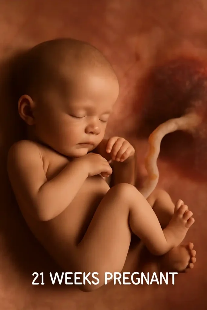 A 21-week-old fetus in the womb, showing detailed features and development at this stage of pregnancy.