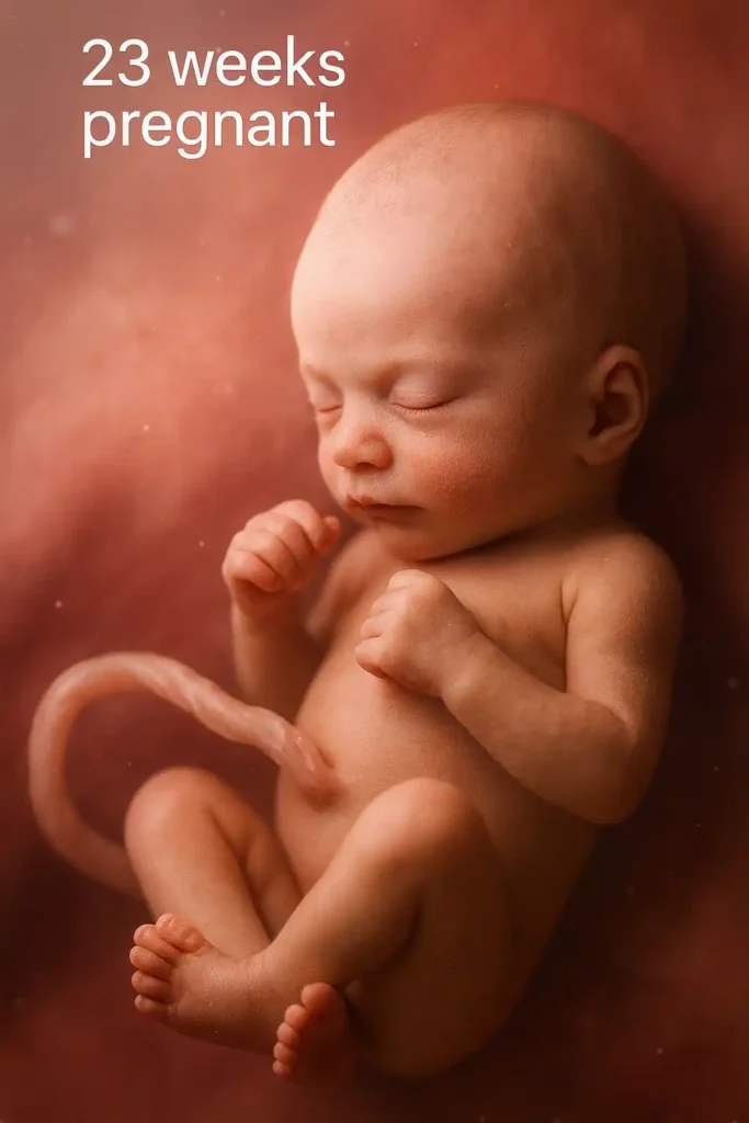 A 23-week-old fetus in the womb, displaying more defined facial features and body development at this stage of pregnancy.