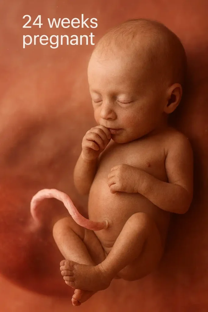 A detailed, computer-generated image of a 24-week-old fetus inside the womb. The fetus is curled up, with its eyes closed, and is sucking its thumb. The umbilical cord is visible, connecting to the fetus's belly button.