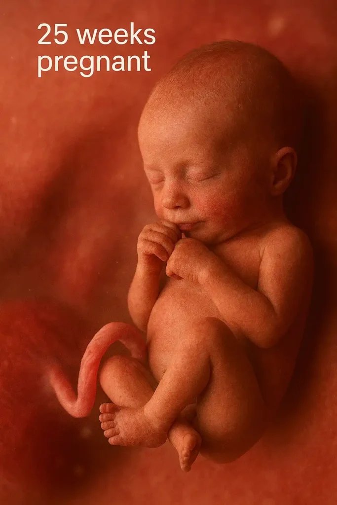 A 25-week-old fetus in the womb, showing more developed facial features and body structure.