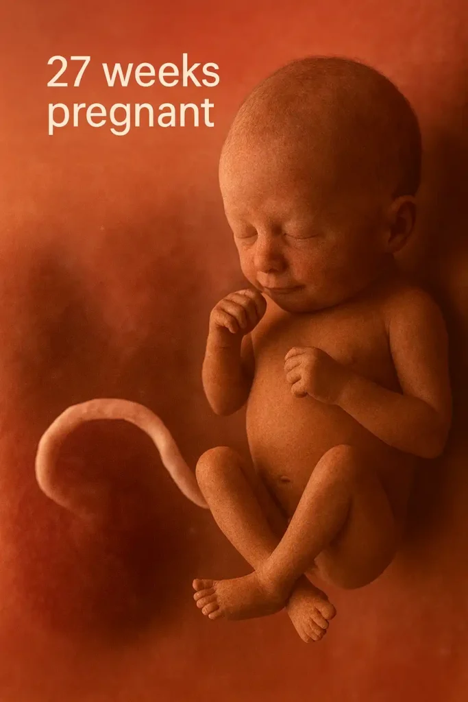 A 27-week-old fetus in the womb, with more refined features and further development.