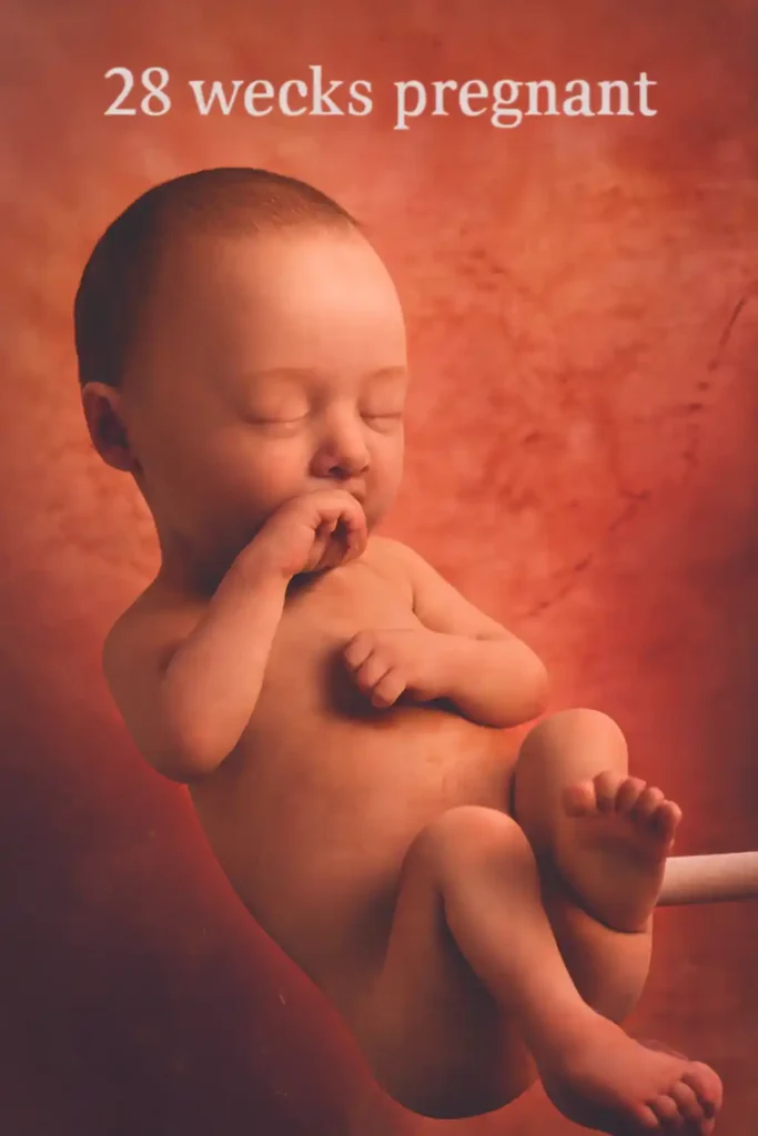A 28-week-old fetus in the womb, with fully developed features and active movements, including thumb sucking.