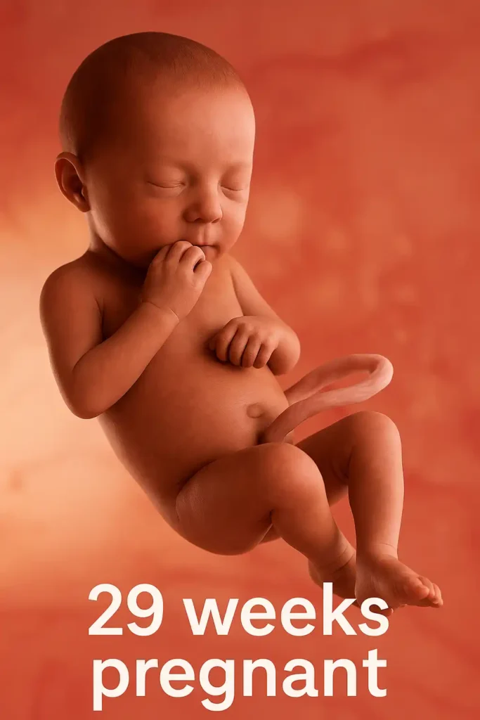 A 29-week-old fetus in the womb, showing active movements like thumb sucking, with further development.