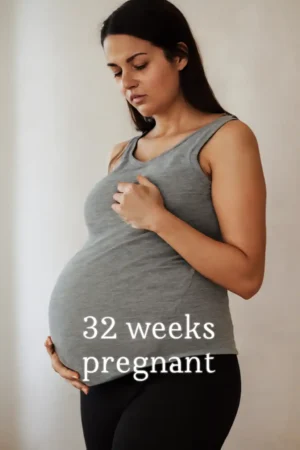Side view of a pregnant person in a gray sleeveless top and black leggings, one hand supporting their belly and the other near their chest; overlaid text reads “32 weeks pregnant.”