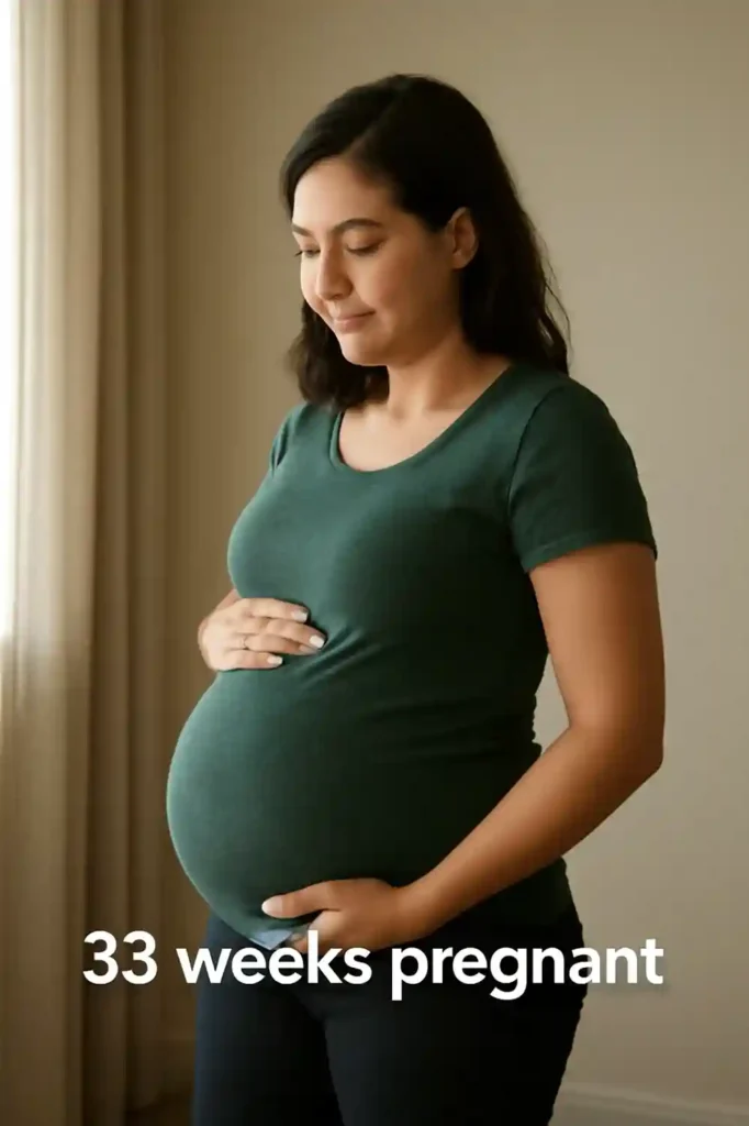 Side view of a pregnant person in a dark green T-shirt standing indoors, gently cradling their belly with one hand above and one below; overlaid text reads “33 weeks pregnant.”