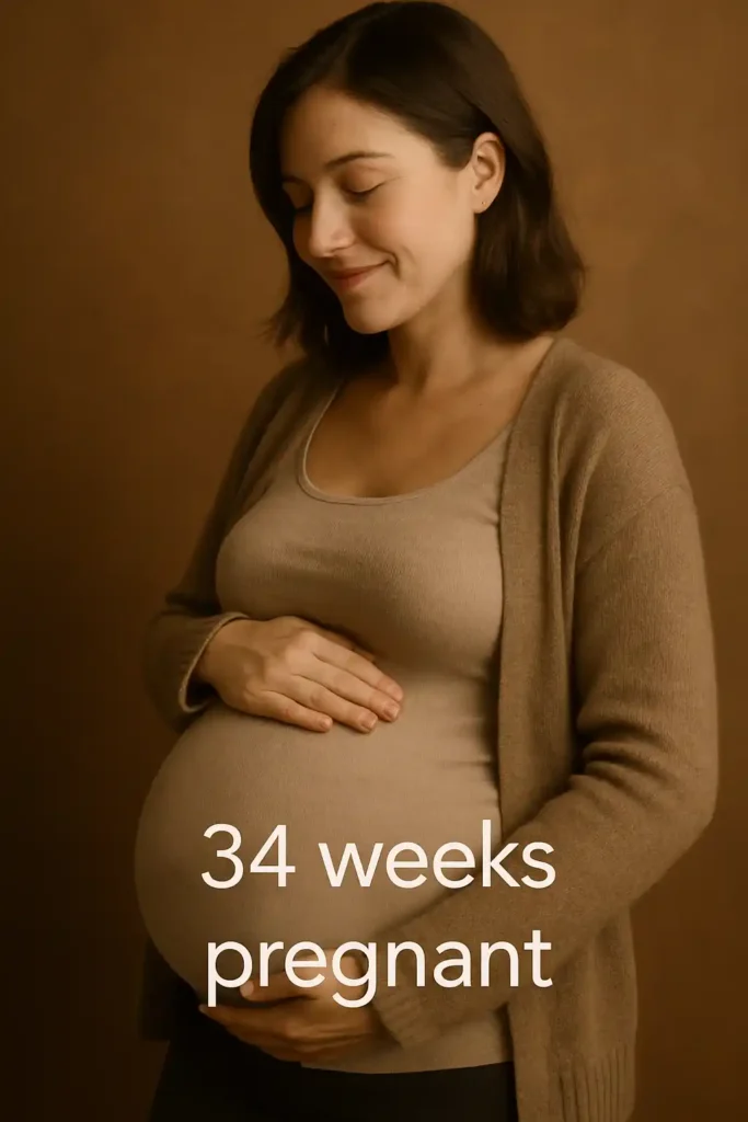 Pregnant person in a beige top and cardigan standing against a warm brown backdrop, eyes closed and smiling softly, hands resting on their belly; overlaid text reads “34 weeks pregnant.”
