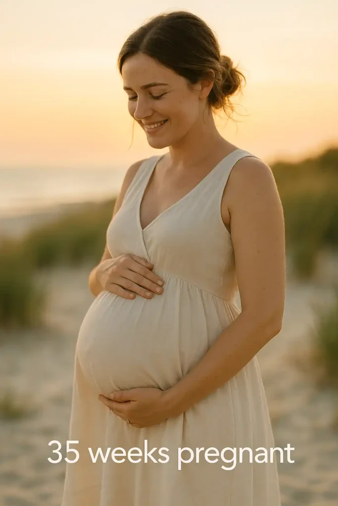 Pregnant person in a light sleeveless dress on the beach at sunset, smiling and cradling their belly; overlaid text reads “35 weeks pregnant.”