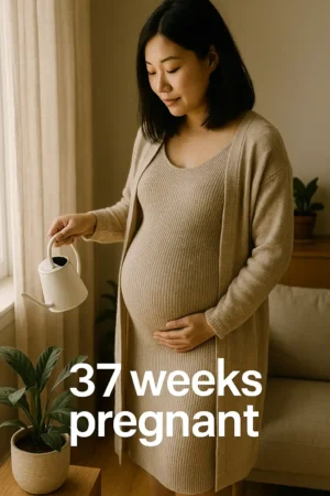 Pregnant person in a beige ribbed dress and cardigan standing by a sunny window, one hand watering a houseplant and the other resting on their belly; overlaid text reads “37 weeks pregnant.”