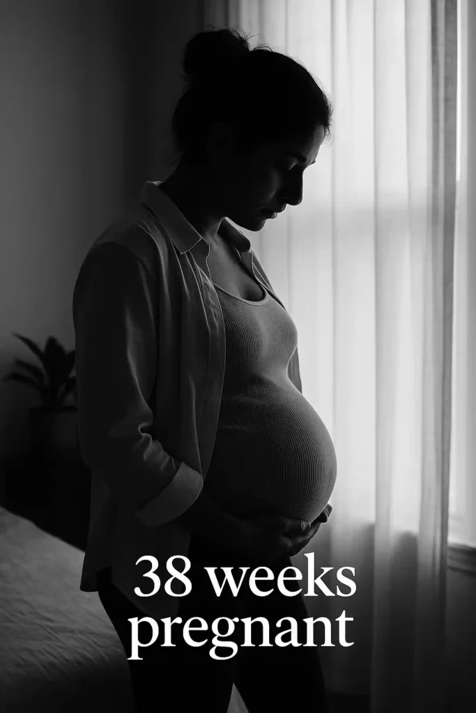 Black-and-white side profile of a pregnant person standing by a bright window, head slightly bowed, hands supporting their belly; overlaid text reads “38 weeks pregnant.”