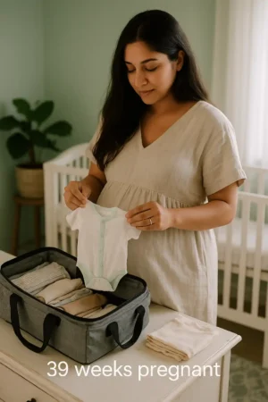 Pregnant person in a light beige dress packing a hospital bag in a nursery, holding a tiny white onesie; text on image reads “39 weeks pregnant.”