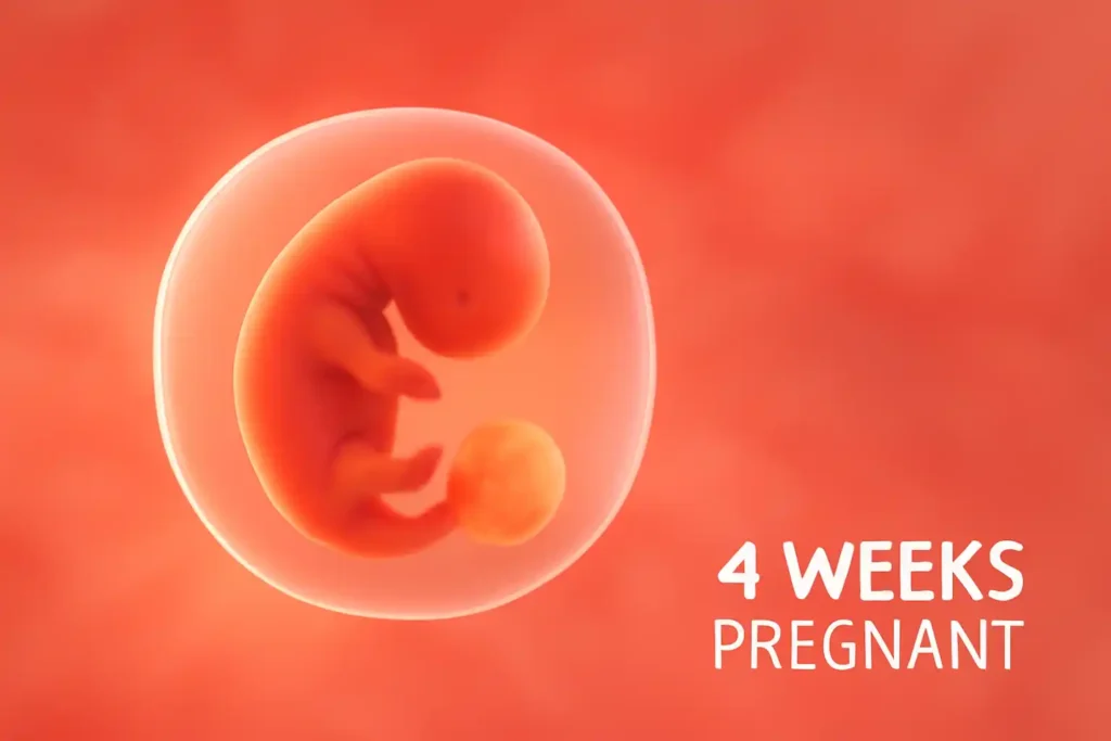 Close-up view of a 4-week-old human embryo inside the uterine lining at the early stages of pregnancy, showing the developing amniotic sac and yolk sac.