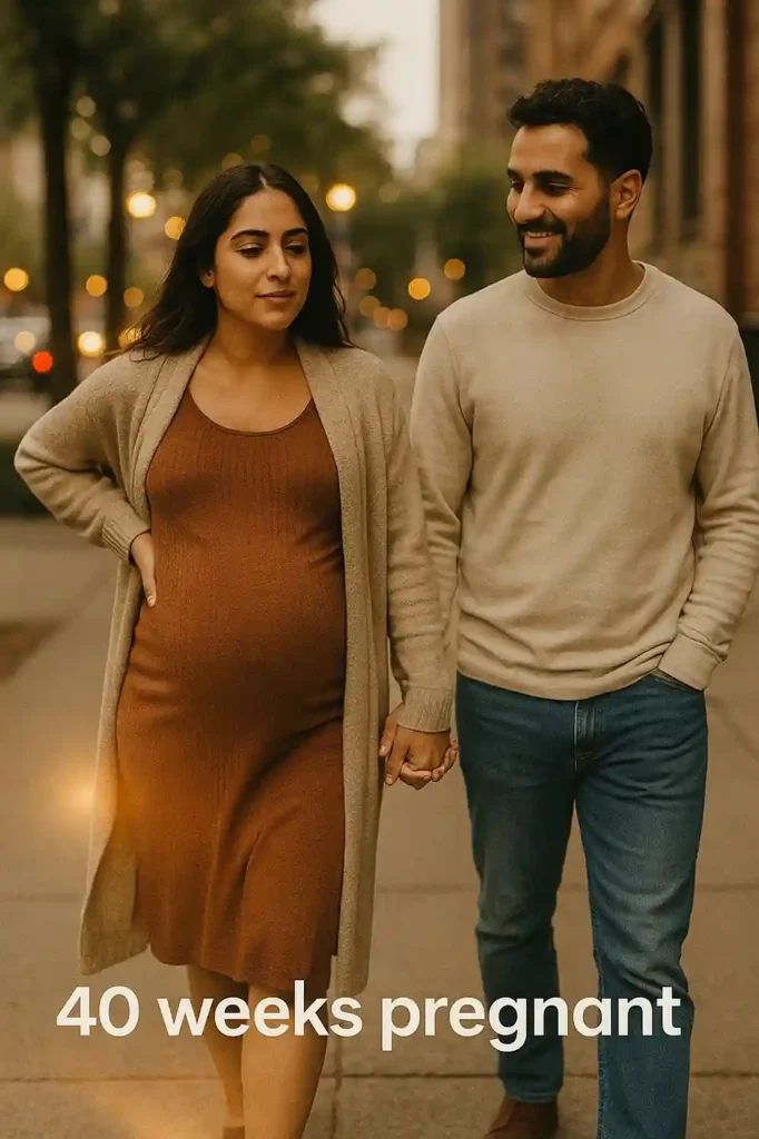 Pregnant person in a rust-colored dress and beige cardigan walking hand-in-hand with a partner on a city sidewalk at dusk; overlaid text reads “40 weeks pregnant.”