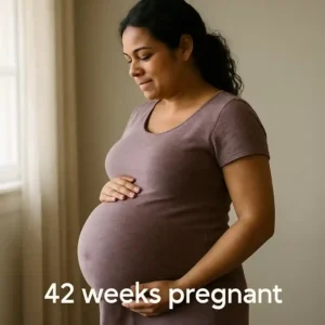 Side view of a pregnant person in a mauve T-shirt standing by a window, hands supporting their belly; overlaid text reads “42 weeks pregnant.”
