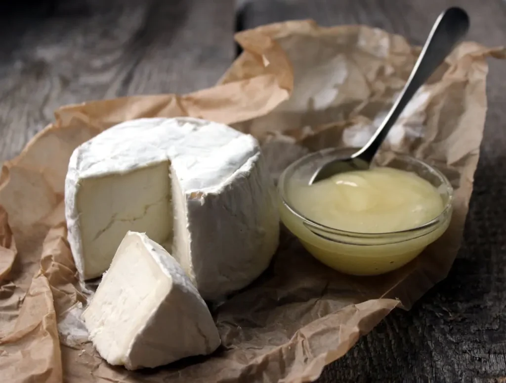 Wheel of soft, pasteurized cheese (Brie-style) with a wedge cut, beside a small bowl of honey on parchment—calcium-rich food for Calcium During Pregnancy.