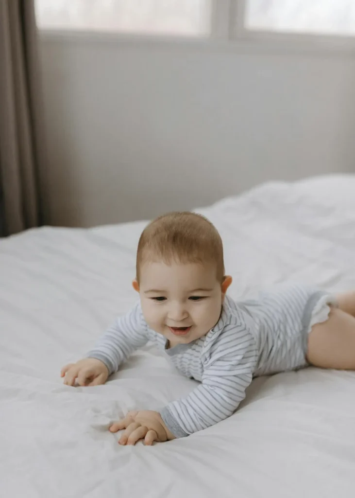 Smiling baby lying on their tummy on a bed, pushing up with their hands in a striped onesie, illustrating tummy time and play ideas for each age.