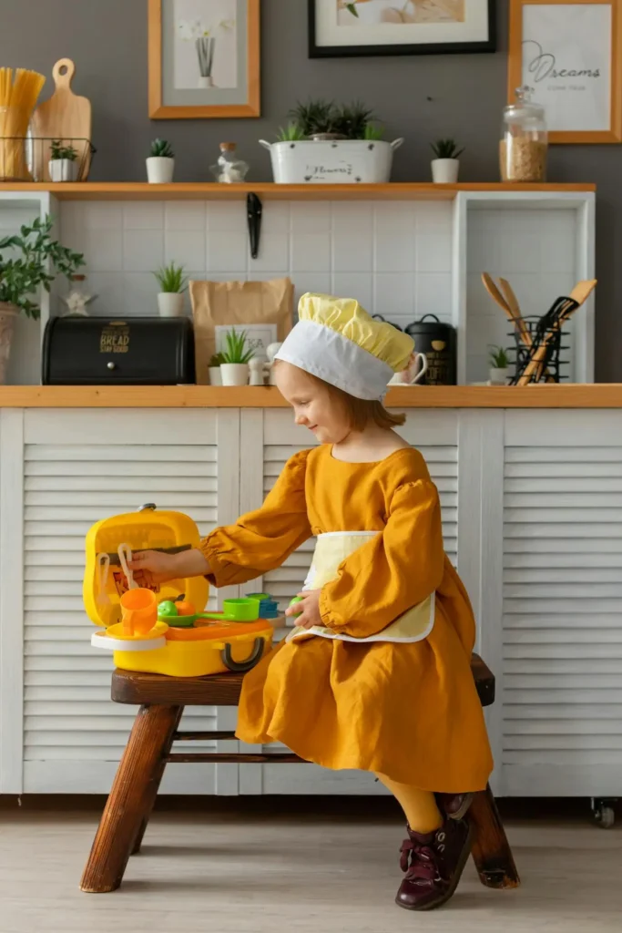 A young girl in a yellow dress and a white chef's hat is sitting on a wooden stool, actively playing with a bright yellow toy kitchen set that is open on her lap. The background shows open shelving with kitchen decor and plants.